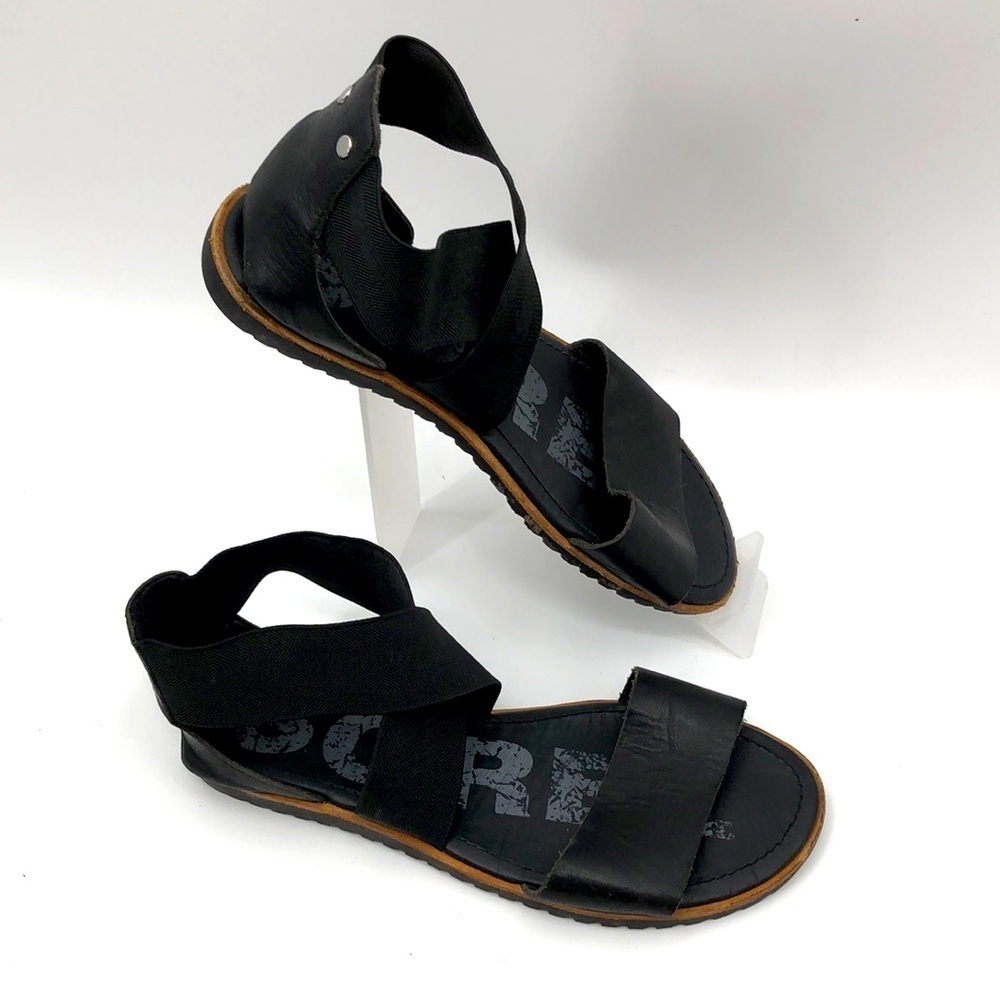 Sorel Ella Criss Cross Black Leather Flat Sandals Women’s Size 6.5